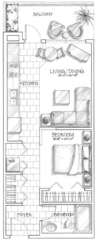 Floor plan for studio, 1 bath, 543 sqft